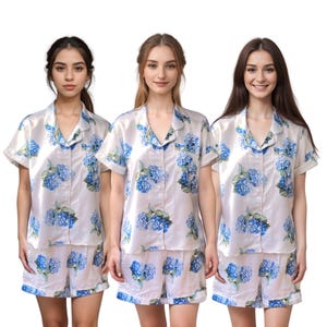 Floral Bridesmaid Pajamas Set - Hydrangea Print | Customizable Shirt & Shorts Set | Available in Sage, Lilac, Pink, Rust Orange, Burgundy