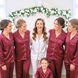 Long Pant Short Sleeve Set - Bridesmaid Pajamas - Versatile Bridal Party Gift in Breathable Satin - Bridesmaid Gifts - Burgundy Pjs image 15