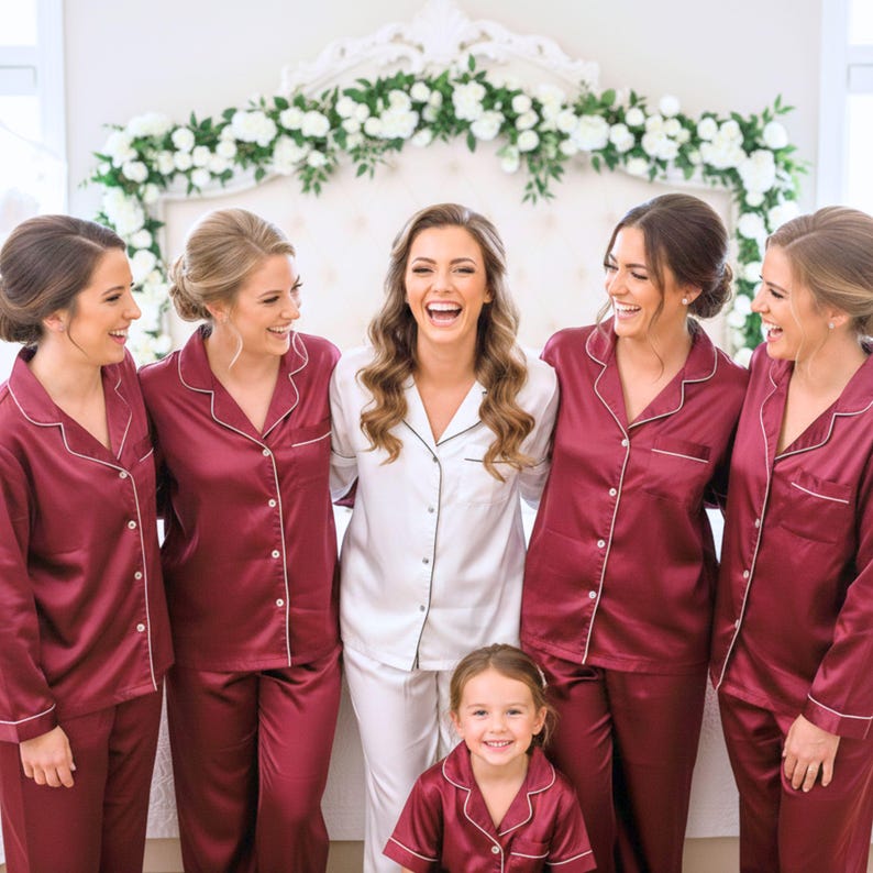 Long Pant Short Sleeve Set - Bridesmaid Pajamas - Versatile Bridal Party Gift in Breathable Satin - Bridesmaid Gifts - Burgundy Pjs image 15