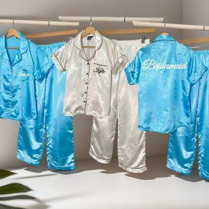 Bridesmaid Pajamas - Long Pant Short Sleeve Set - Versatile Bridal Party Gift in Breathable satin - Bridesmaid Gifts Turquoise