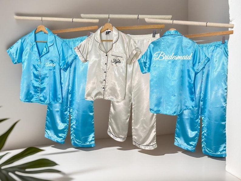 Bridesmaid Pajamas - Long Pant Short Sleeve Set - Versatile Bridal Party Gift in Breathable satin - Bridesmaid Gifts Turquoise