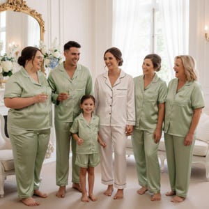 Bridesmaid Pajamas - Long Pant Short Sleeve Set - Versatile Bridal Party Gift in Breathable satin - Bridesmaid Gifts Sage Green