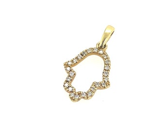 May include: A gold hamsa pendant with a diamond outline. The pendant is a popular symbol of protection and good luck.