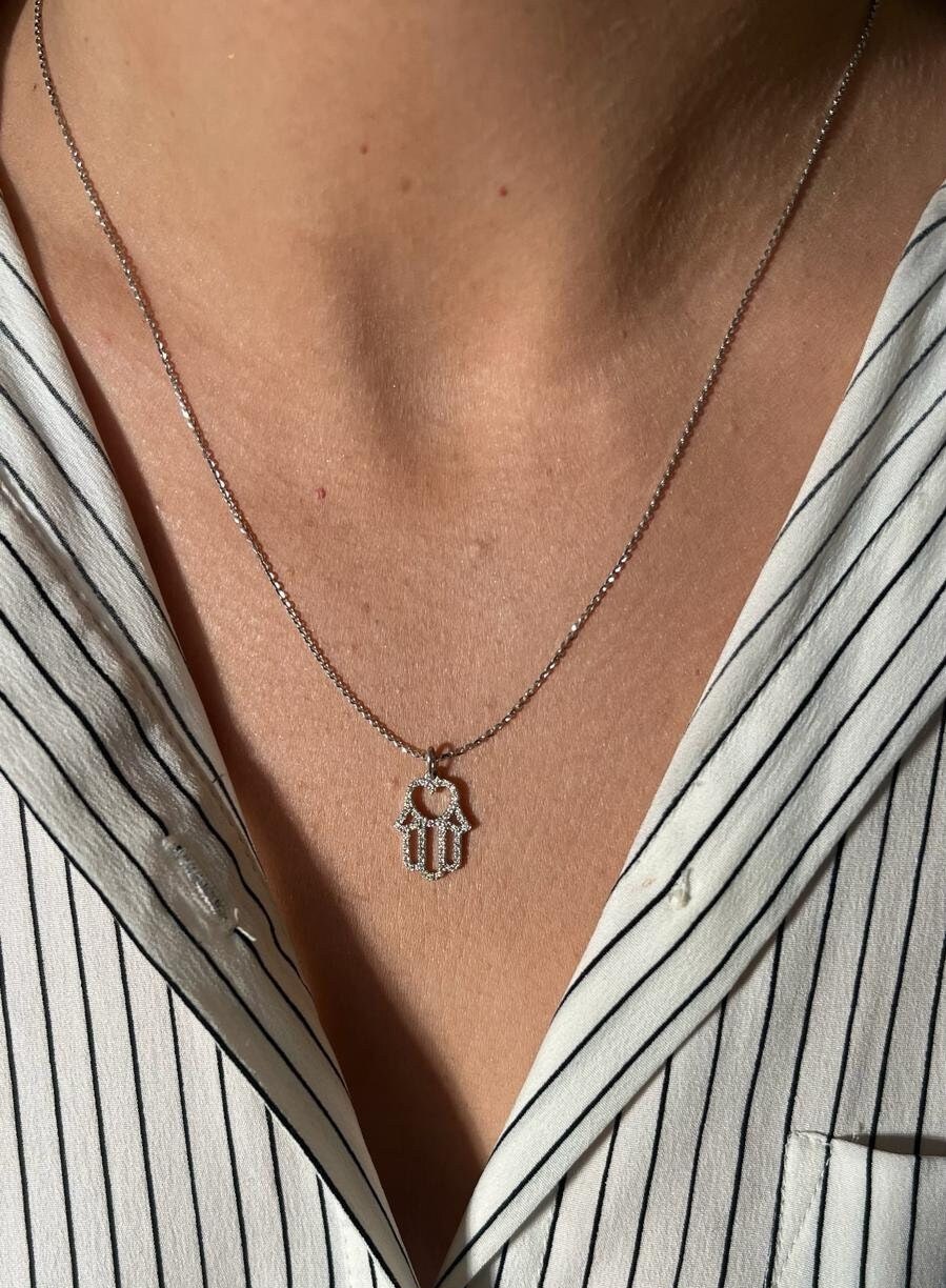 Hand Protection Diamond Real Diamonds Hamsa Pendant, 14k Gold, Hands of Mary Necklace, Good ...