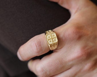 Gouden kruisring Jeruzalem, 14k massief goud, kruisvormige ring, Jeruzalem kruis sieraden, geelgouden kruisring, zegelring, christelijke ring