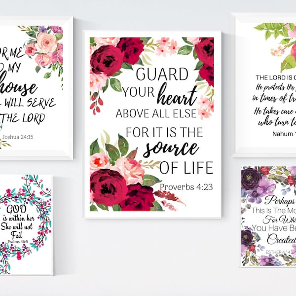 5 Set Bible Printable Art, Guard Your Heart Above All Else, Proverbs 4:23, Five Set Scripture Wall Art, Set Of 5 Prints, Gallery Wall Set