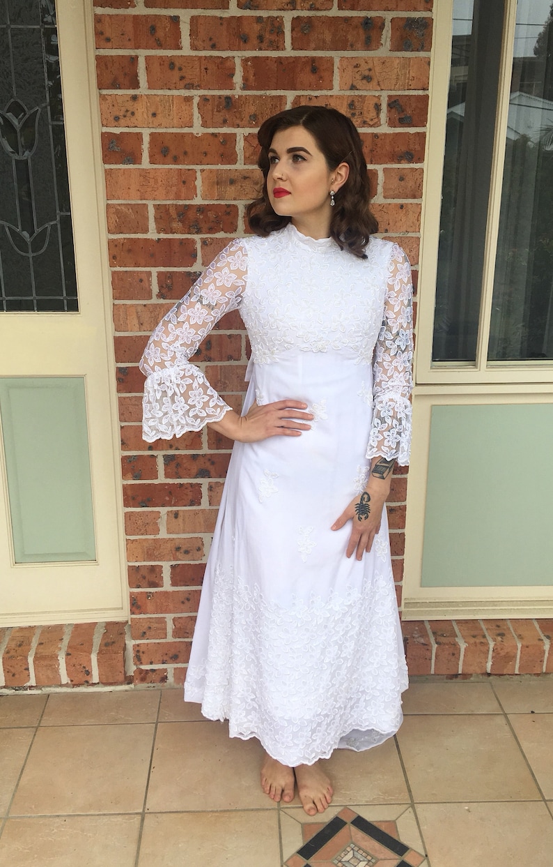 1960s White Beaded A-line Wedding Dress with Train.