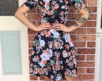 1970s Navy Floral Day Dress