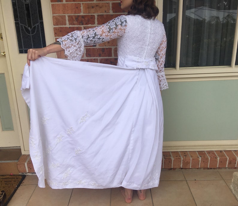 1960s White Beaded A-line Wedding Dress with Train.