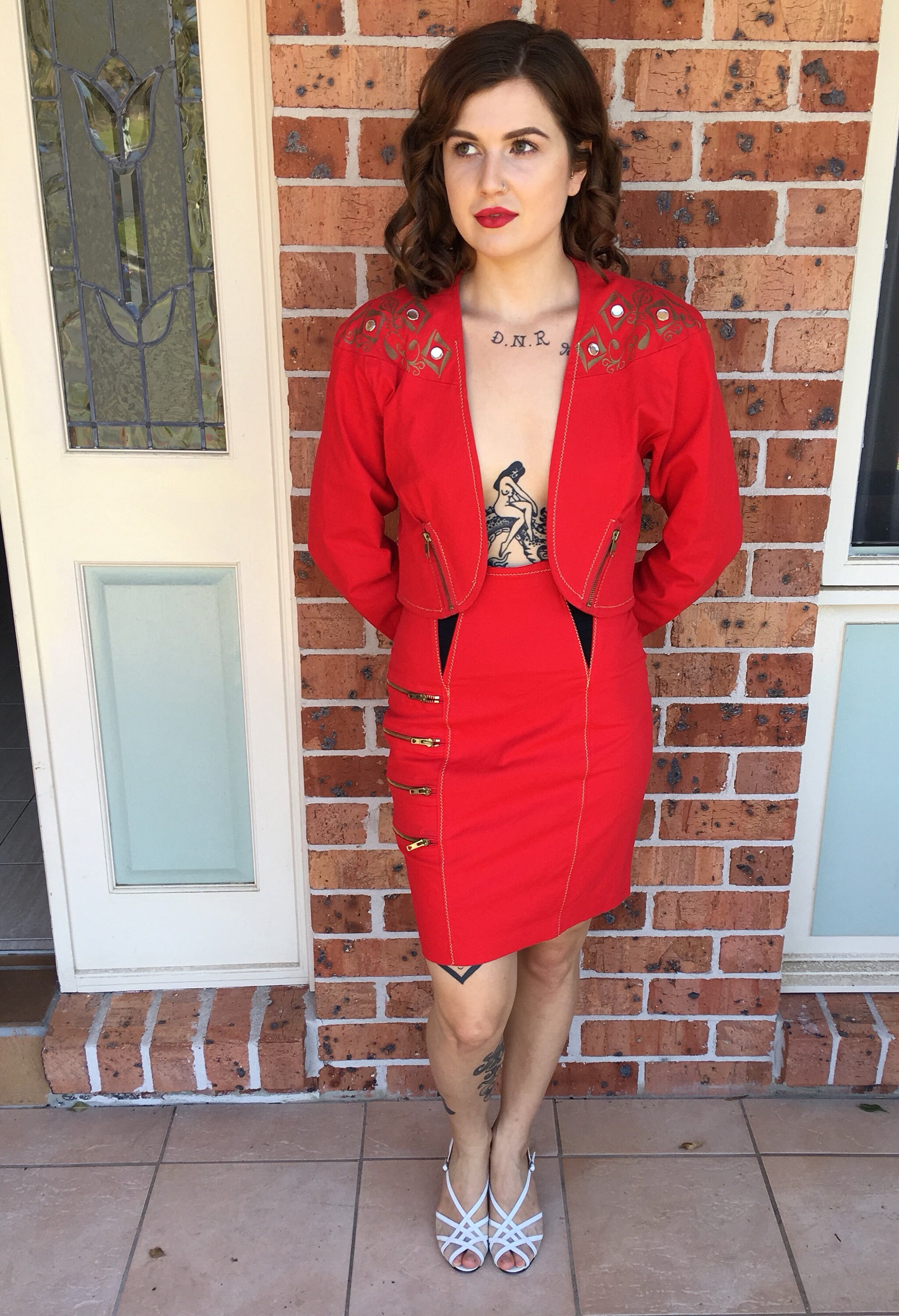 red denim jacket and skirt
