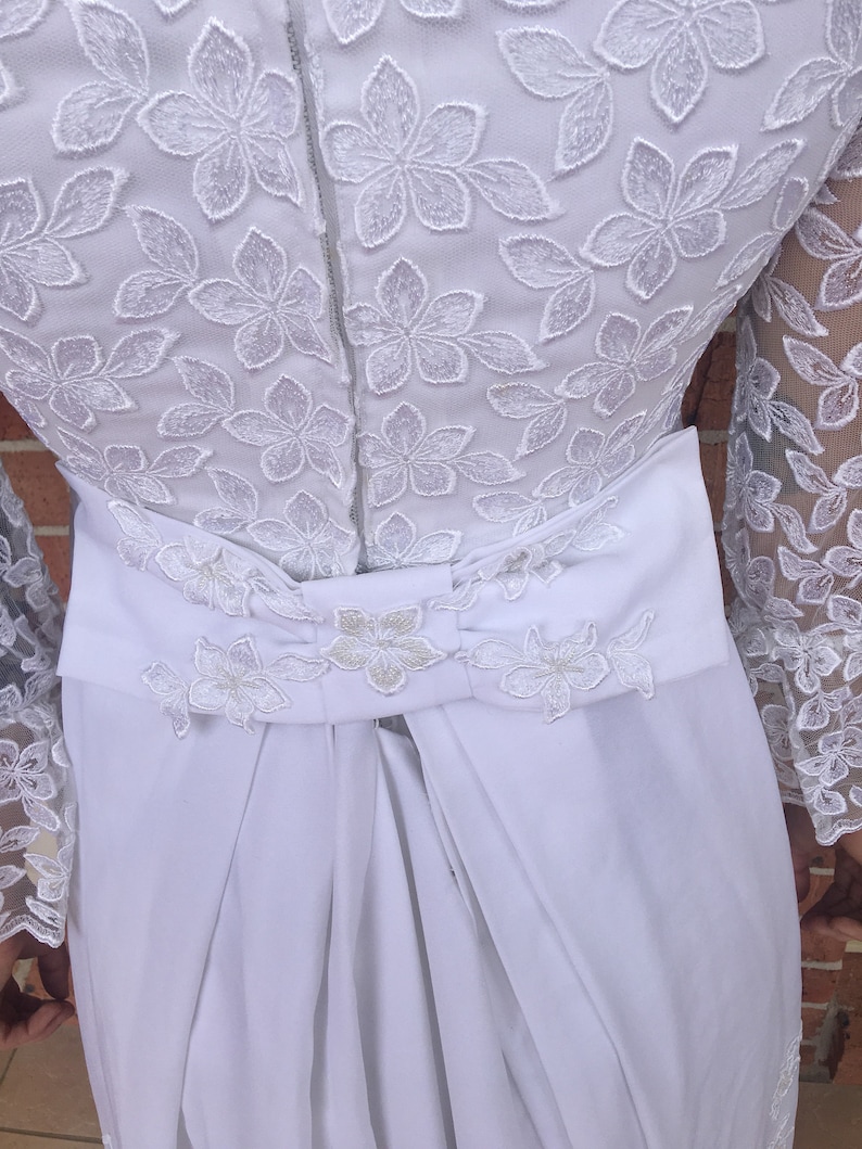 1960s White Beaded A-line Wedding Dress with Train.