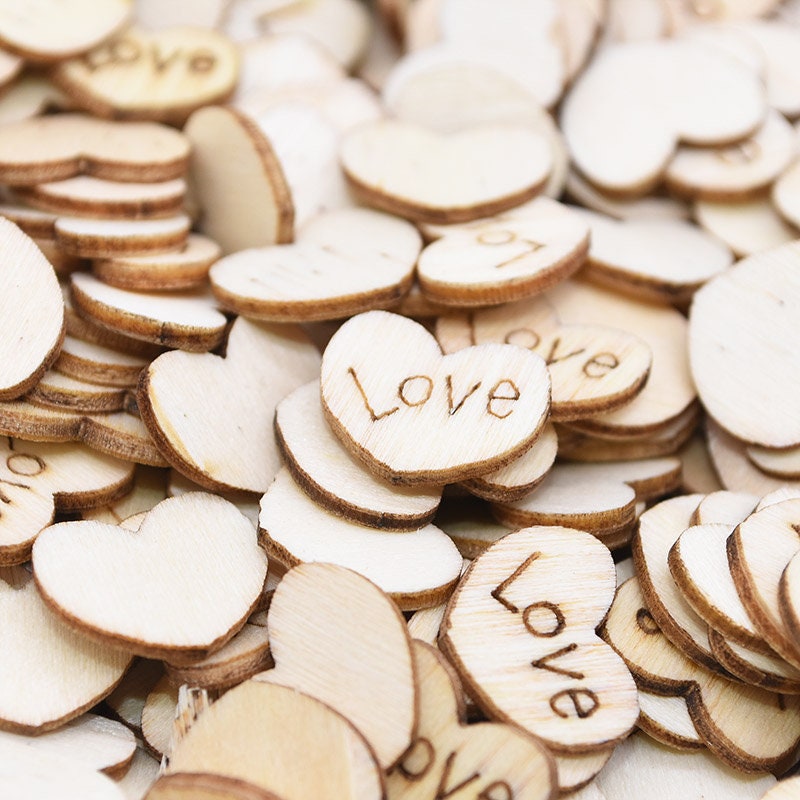 Lot de 50 Pièces, Mini Coeurs en Bois, Inscription Love, Accessoire Rustique Décoration Tables Du Ma