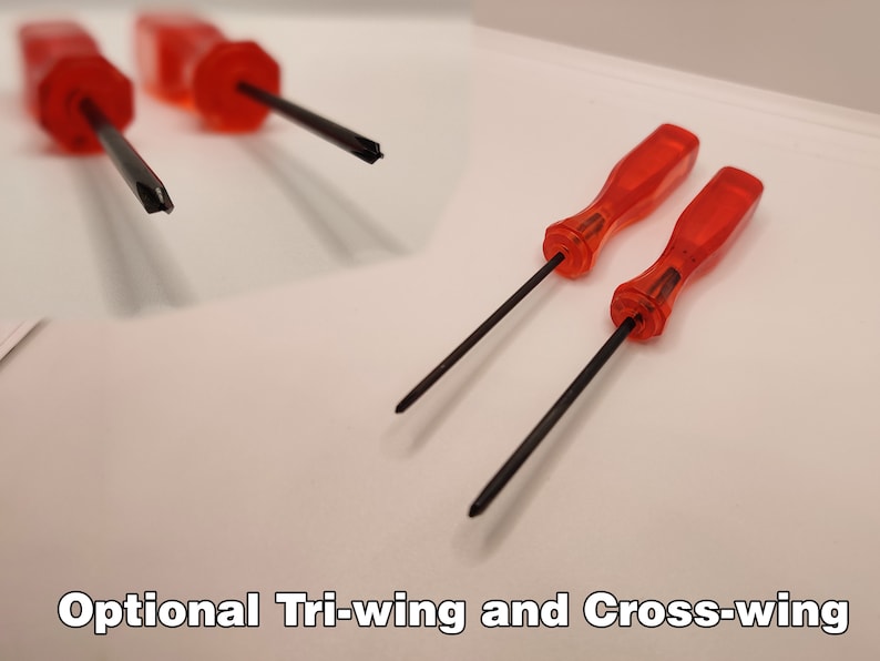 May include: Two red and black tri-wing screwdrivers and two red and black cross-wing screwdrivers. Optional Tri-wing and Cross-wing.