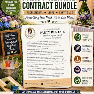 May include: Party rental contract bundle with professional, legal, and easy-to-use templates. Includes service agreements, invoice templates, and more. Designed for rental businesses. Features a chalkboard, drinks, and a cornhole game.