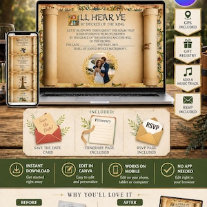 May include: A digital medieval wedding invitation with the text "Medieval Wedding Evite" and "Editable in Canva." The design includes a laptop, phone, and icons for GPS, gift registry, music, and RSVP. The invitation features a scroll design with a couple's photo.