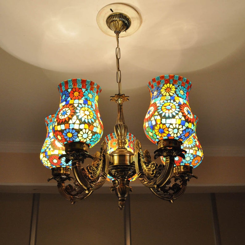 Chandelier Lamp Fixture 5 Lighting Pendant Mosaic Glass Lamp Shades Ceiling Lights Chandelier