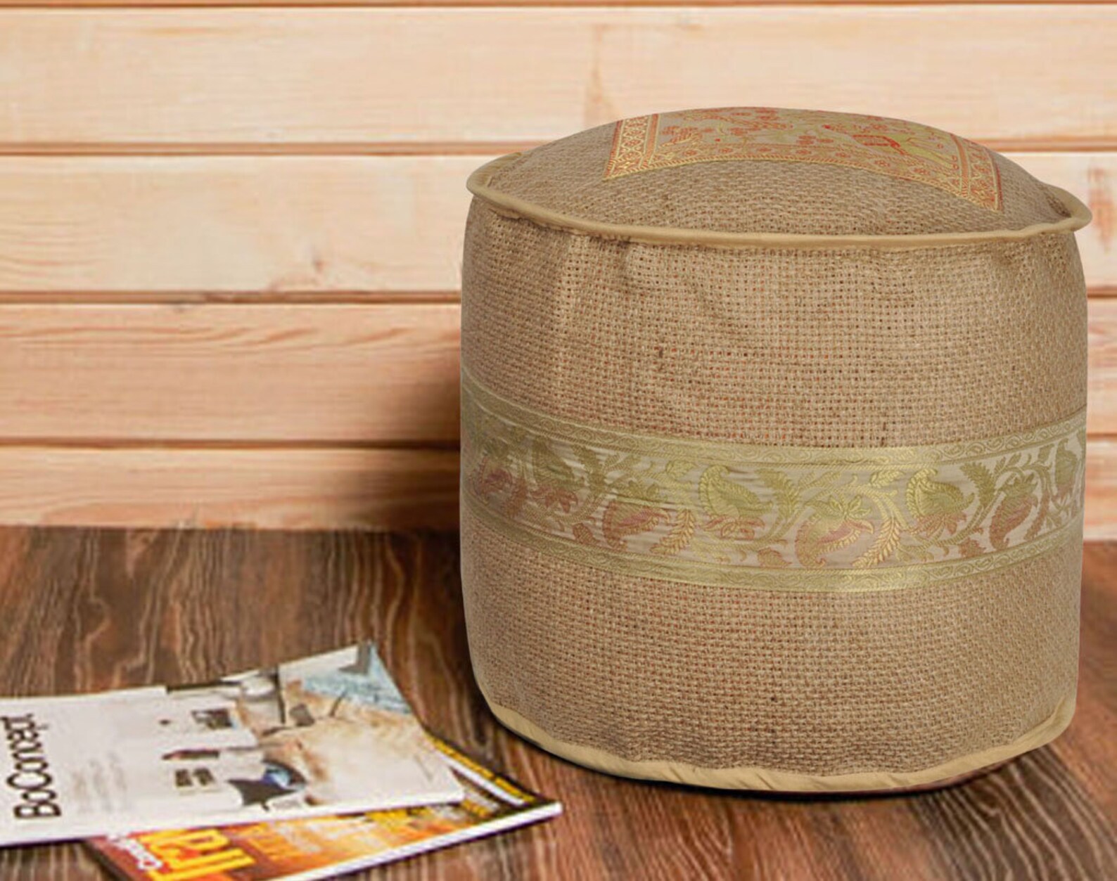 Round Jute and Brocade Elegant Ottoman cover Pouf Seating Foot Etsy