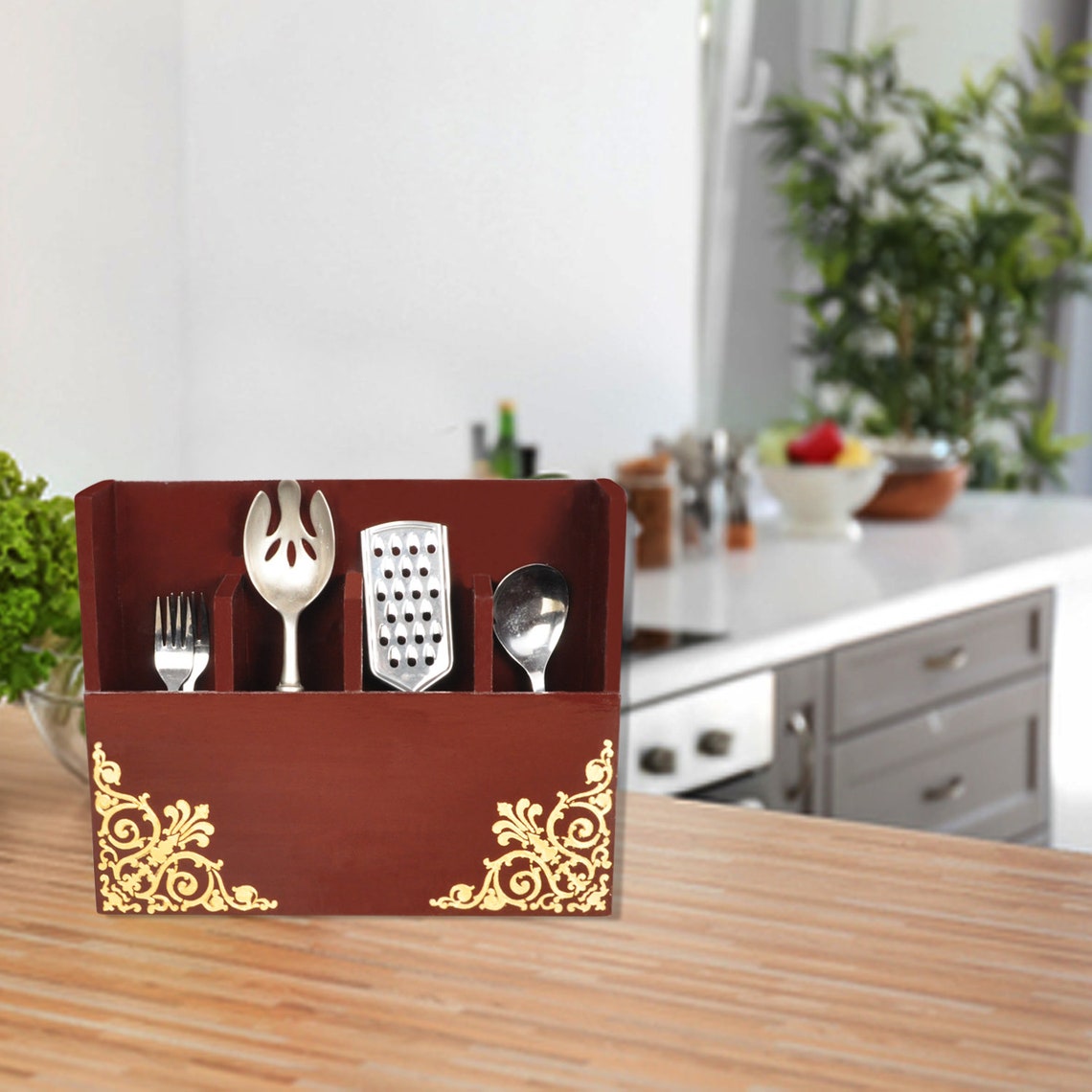 Storage Organizer Wooden Spoon Forks Knives Holder Stand 4 Etsy