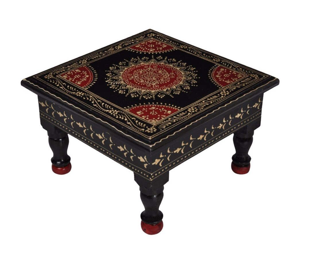 Handmade Chowkis Wooden End Table Pooja Stools for Wedding Home