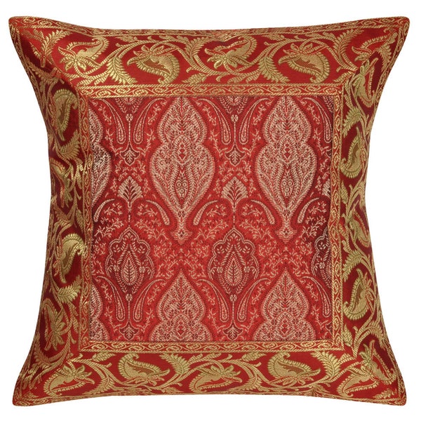 Silk brocade Cushion Pillowcase Elegant Housewarming Gifts Brocade leaf Design Silk Pillow Cushion Cover 16 x 16 Inches