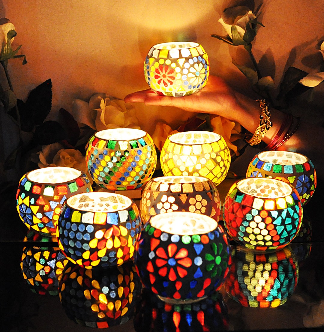 Mosaic Glass Tealight Holders Assorted Set of Candle Holders Rustic Style Tea Light Table