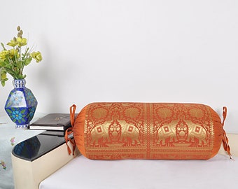 Set of 2 Pcs bolster Brocade Silk Ethnic traditional yoga Throw Pillow Bolster Cushion Cover Round Neck Roll Pair 15 x 30 Inches Only Cover)