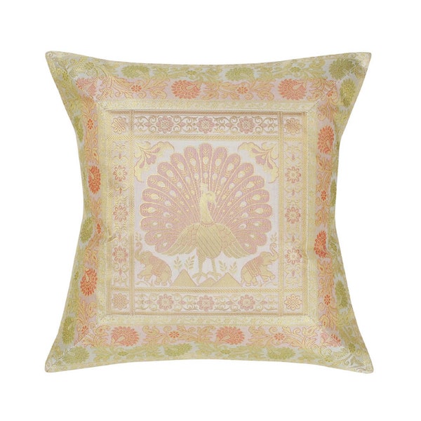 Danse paon indien housse de coussin brocart soie literie taie d'oreiller mariage décoration de la maison housses de coussin 16x16 pouces