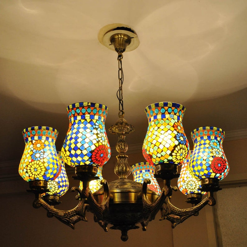 Modern 8 Arms Lamps Vintage Style Ceiling Pendant Lighting Colorful Mosaic Glass Chandelier