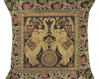 Housse de coussin en brocart de soie avec motif éléphant, taie d'oreiller carrée pour salon, décoration de mariage traditionnelle, or noir, 40 x 40 cm