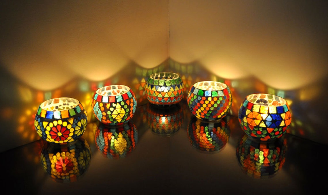 Set of 5 glass candle holder/ Handmade mosaic glass multi Etsy