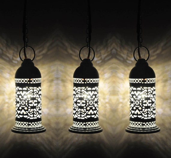 Vintage Style Moroccan Light Hanging Metal Ceiling Lamp White Color Tea Light Candle Holder Garden Lamps 7 X 3 Inch