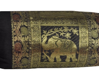 Indian Handmade Royal traditional Silk Sofa Cushion Cover Elephant Brocade Bolster Pillow Case Cover 30 x 15 Inches