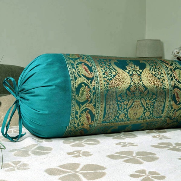 brocade silk bolster Living Room Decor Neck Roll Pillow Green Color Brocade Work Silk Bolster Cushion Cover 30 x 15 Inches