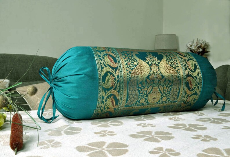 Indian Brocade Silk Pillowcas Round Bed Sofa Neck Bolster Cushion Cover Set
