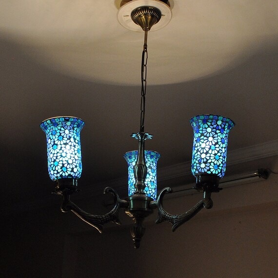 Antique Style Blue Color 3 Arm Lamps Shades Indoor Dining Kitchen Room Decor Glass Chandelier Light