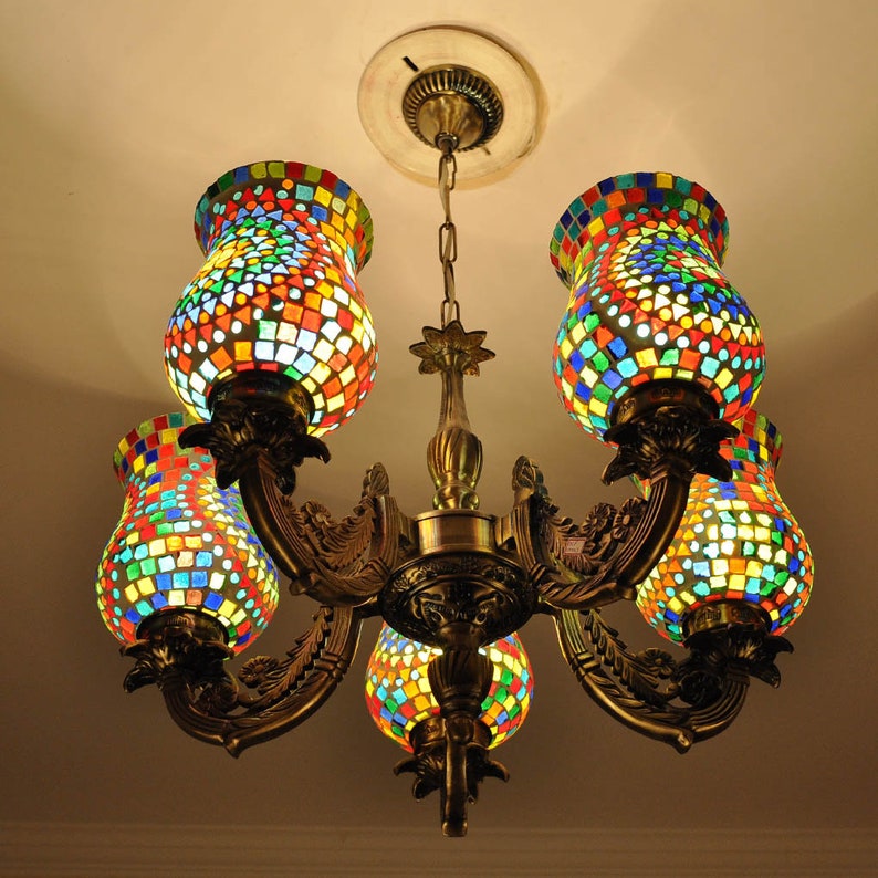 Chandeliers Light Fixtures Colorful Mosaic Glass Lamp Shades Dining Room Office Decor Lighting