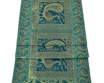 Ethnic Table Runner for Home Decorations Peacock Print Indian Brocade Silk Fabric Table Runner tapestry rectangle table cloth 60 & 72 Inches