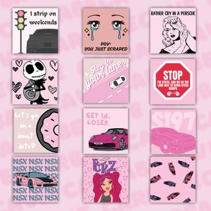 May include: A collage of 12 pink and white squares with various images and text. The images include a cartoon car, a donut, a cartoon character, a stop sign, a cartoon woman, and a cartoon girl. The text includes "I strip on weekends", "Stay in your lane", "Let's go on a donut date", "Get in, loser", "Rather cry in a Porsche", "Stop I'm static, can we go the long way to avoid speed bumps", "$197", and "BRZ".