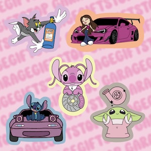 May include: A set of five cartoon character stickers featuring Stitch holding a brake rotor, a pink car with a girl in it, Tom and Jerry, a pink Baby Yoda, and a turbocharger.