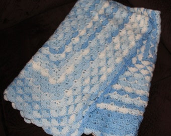 Handmade Crochet Shell Baby Blanket in blue and white