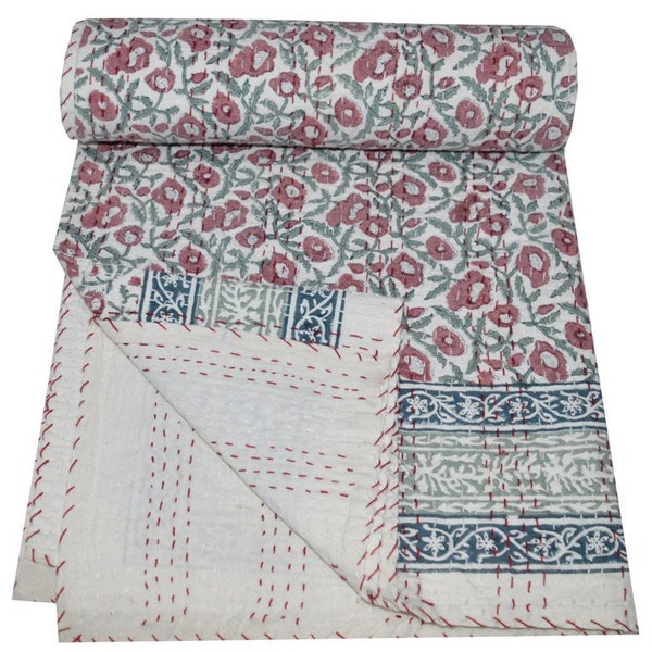 King Queen Twin All Size Kantha Quilt Indian Kantha Quilt, Multi Cotton Blanket Handmade Bedspread Hand Block Print, 100% Cotton Bedspread