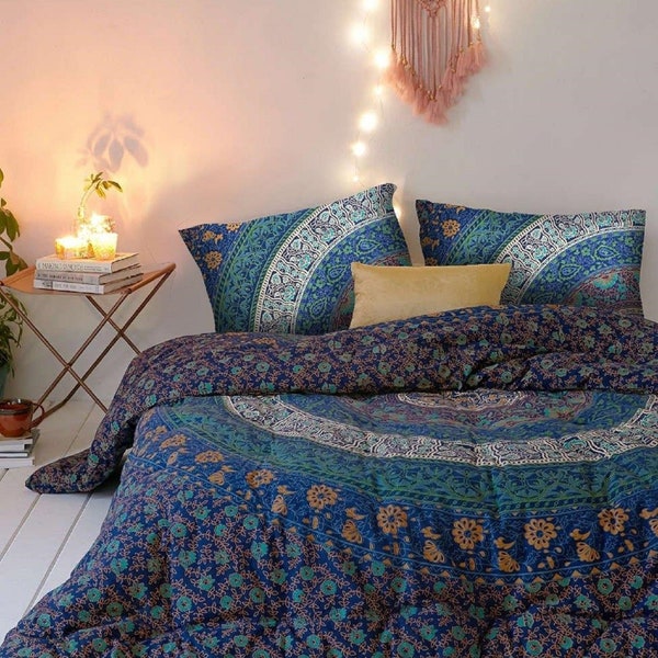 Ensemble de housse de couette Mandala Donna fait main en coton indien avec ensemble d'oreillers Ensemble de housse de couette grand lit bleu, ensemble de couette 100 % coton
