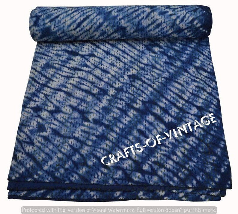 Blue Indigo Hand Block Kantha Quilt Indian Bedspread Twin Queen King