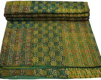 Beautiful Green Ajrhak Patchwork Vintage Kantha Quilt Handmade Hippie Bohemian Hand Block Print Bedding Boho Blanket Twin Queen King Size