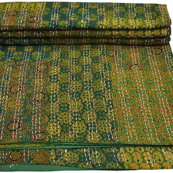 Beautiful Green Ajrhak Patchwork Vintage Kantha Quilt Handmade Hippie Bohemian Hand Block Print Bedding Boho Blanket Twin Queen King Size