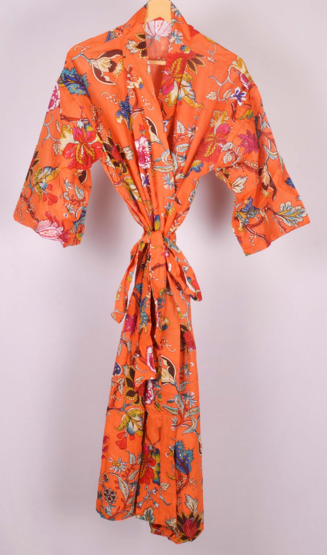 Long Orange Kimono RobeFloral Print Dressing gown Vintage Etsy