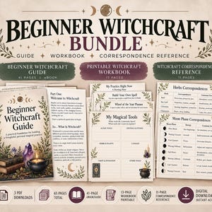 Può includere: Un set di stregoneria per principianti che include una guida di 41 pagine, un quaderno di esercizi stampabile di 13 pagine e una guida di riferimento di 11 pagine, con tabelle su erbe, fasi lunari e strumenti magici.