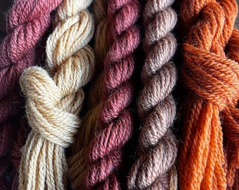 May include: Six skeins of yarn in various shades of red, brown, and orange. The yarn is twisted and bundled together.