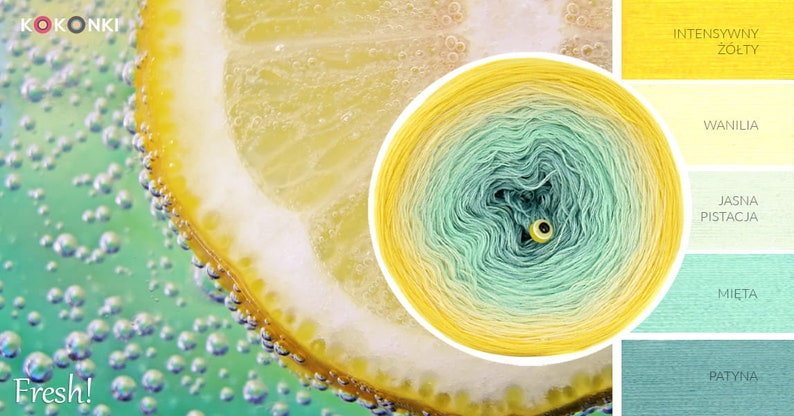 May include: A close-up of a lemon slice in a glass of sparkling water. The lemon is yellow and the water is green. The image is a color palette for a yarn gradient, with the colors labeled in Polish: "Intensywny Ż&oacute;łty", "Wanilia", "Jasna Pistacja", "Mieta", and "Patyna".