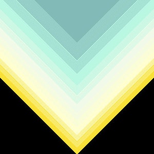 May include: Abstract geometric design with a yellow triangle shape in the center. The triangle is made up of multiple layers of yellow, white, and light blue stripes.